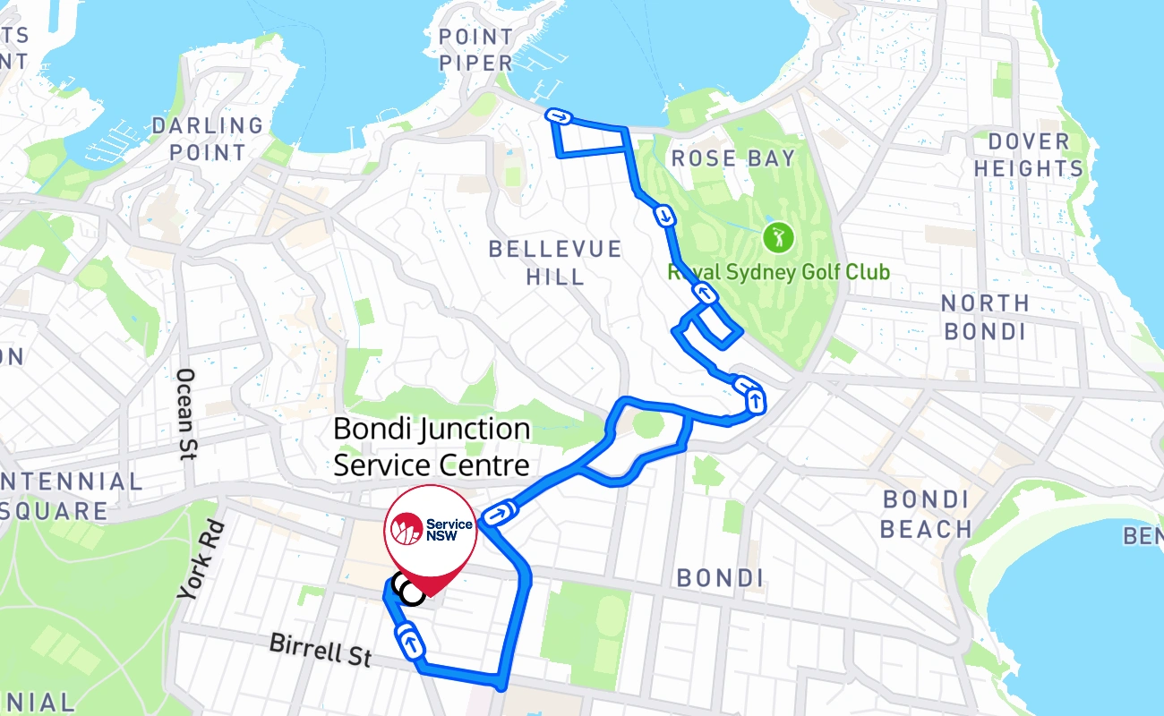 Bondi Junction Service Centre driving test route #199 map - NSW Australia