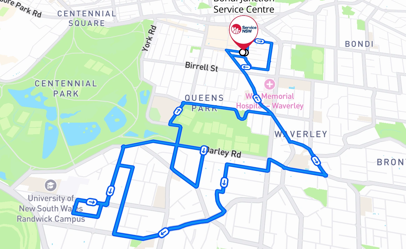 Bondi Junction Service Centre driving test route #823 map - NSW Australia