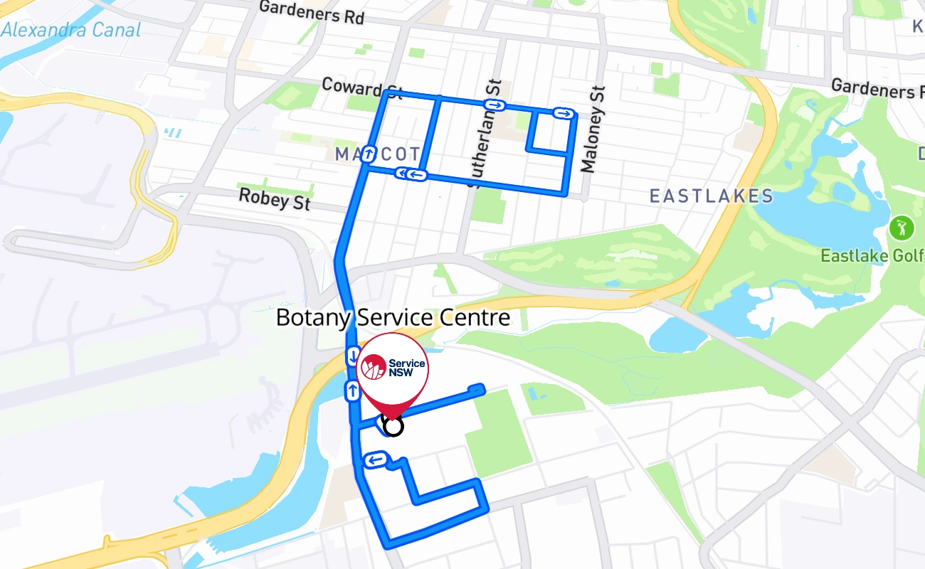 Botany Service Centre driving test route #831 map - NSW Australia