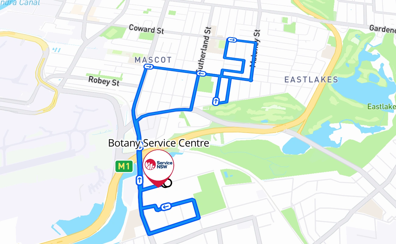 Botany Service Centre driving test route #833 map - NSW Australia
