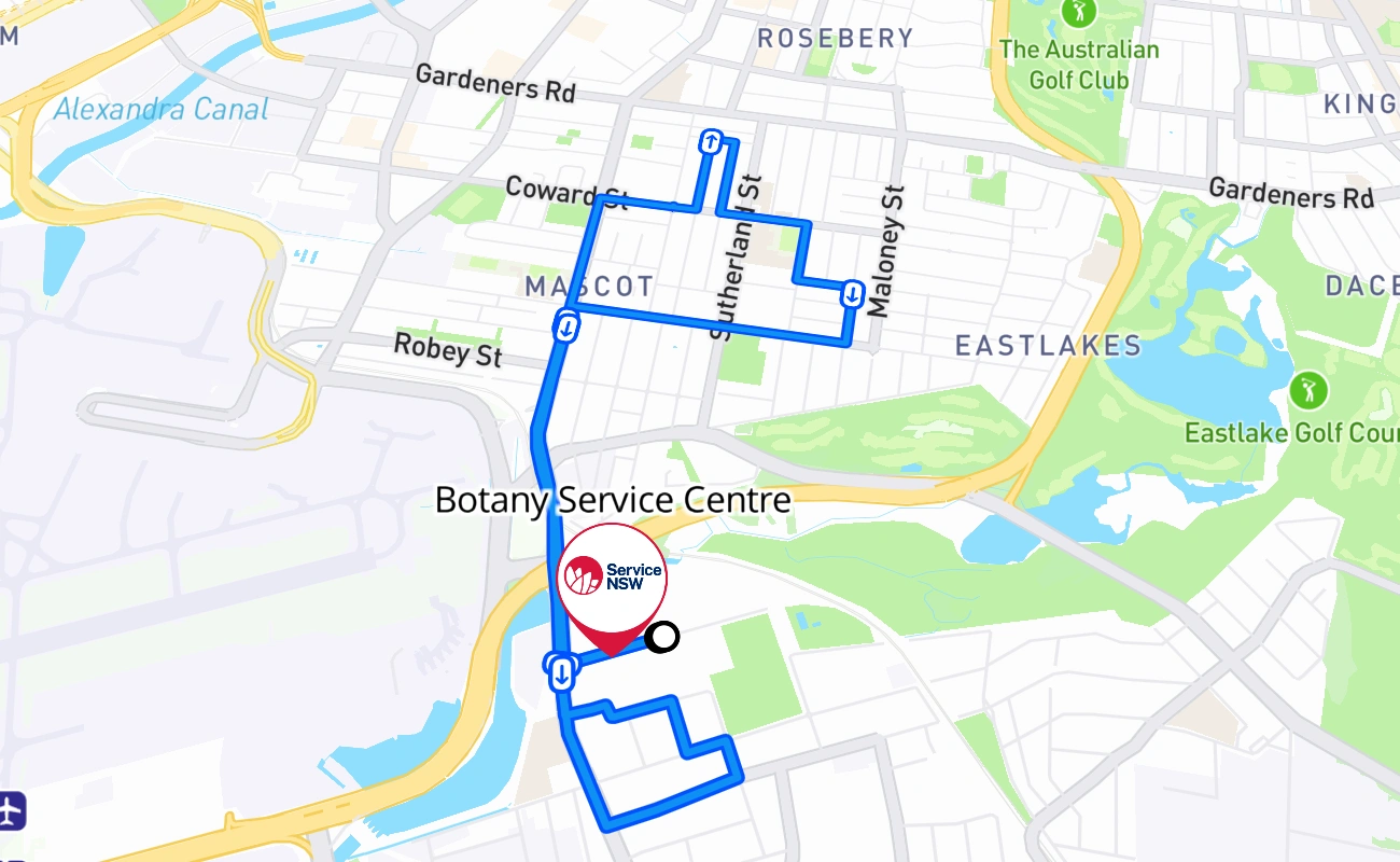 Botany Service Centre driving test route #834 map - NSW Australia