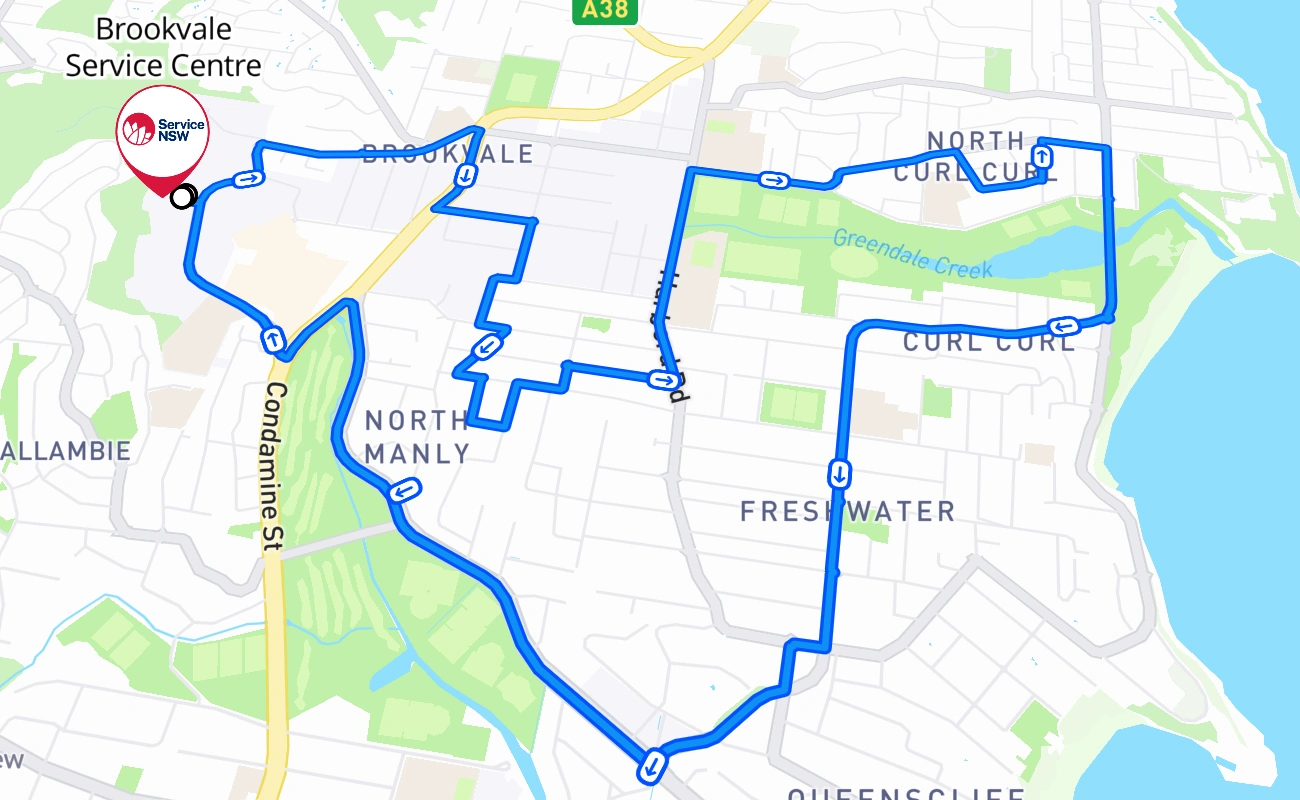 Brookvale Service Centre driving test route #210 map - NSW Australia