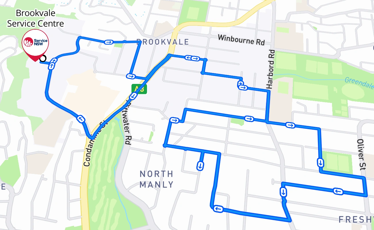 Brookvale Service Centre driving test route #211 map - NSW Australia