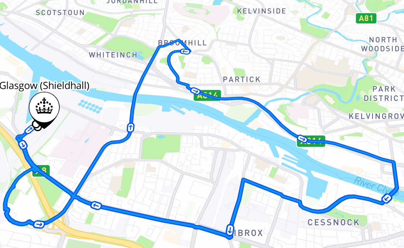 Glasgow (Shieldhall) 驾考路线 #595 地图 - SCT 英国