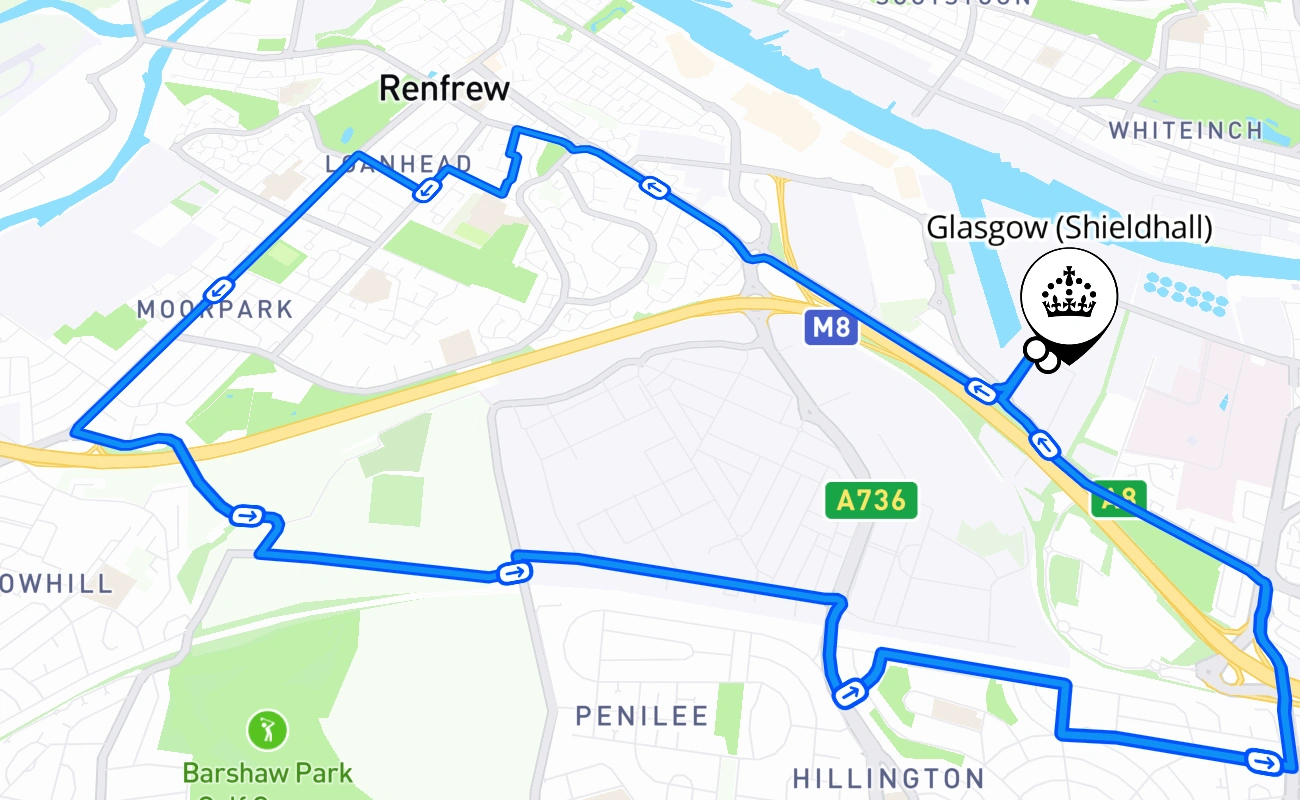 Glasgow (Shieldhall) 驾考路线 #596 地图 - SCT 英国
