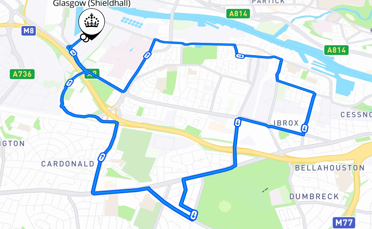 Glasgow (Shieldhall) 驾考路线 #598 地图 - SCT 英国