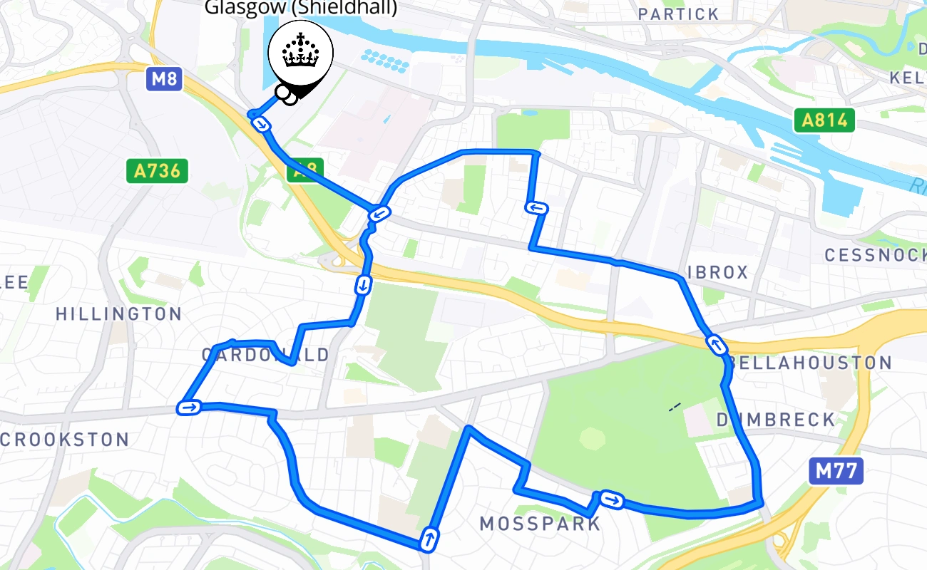 Glasgow (Shieldhall) 驾考路线 #601 地图 - SCT 英国