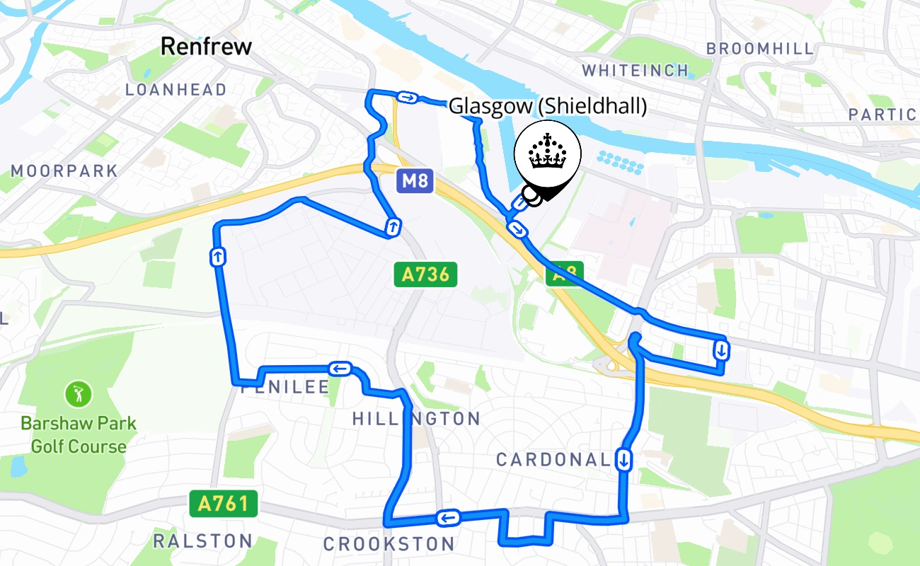 Glasgow (Shieldhall) 驾考路线 #603 地图 - SCT 英国