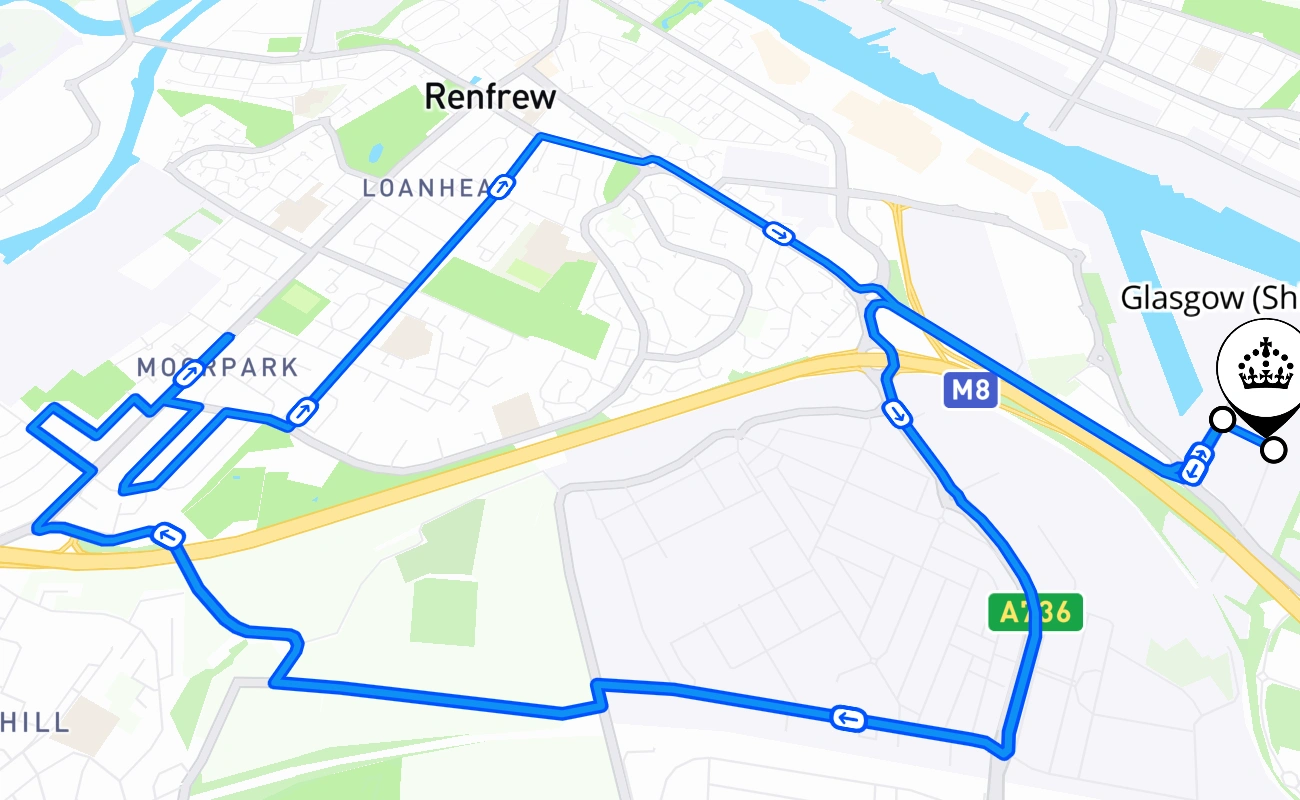 Glasgow (Shieldhall) 驾考路线 #604 地图 - SCT 英国