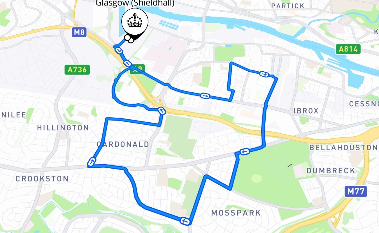 Glasgow (Shieldhall) 驾考路线 #605 地图 - SCT 英国