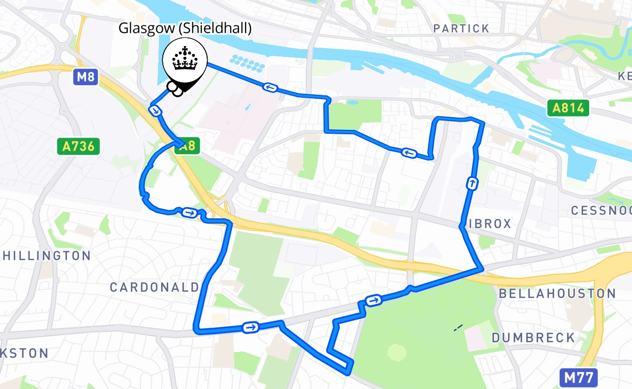 Glasgow (Shieldhall) 驾考路线 #606 地图 - SCT 英国