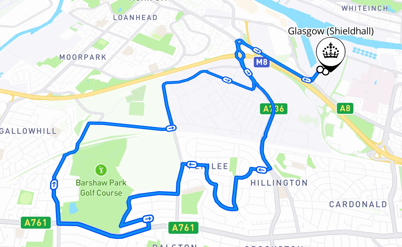 Glasgow (Shieldhall) 驾考路线 #607 地图 - SCT 英国