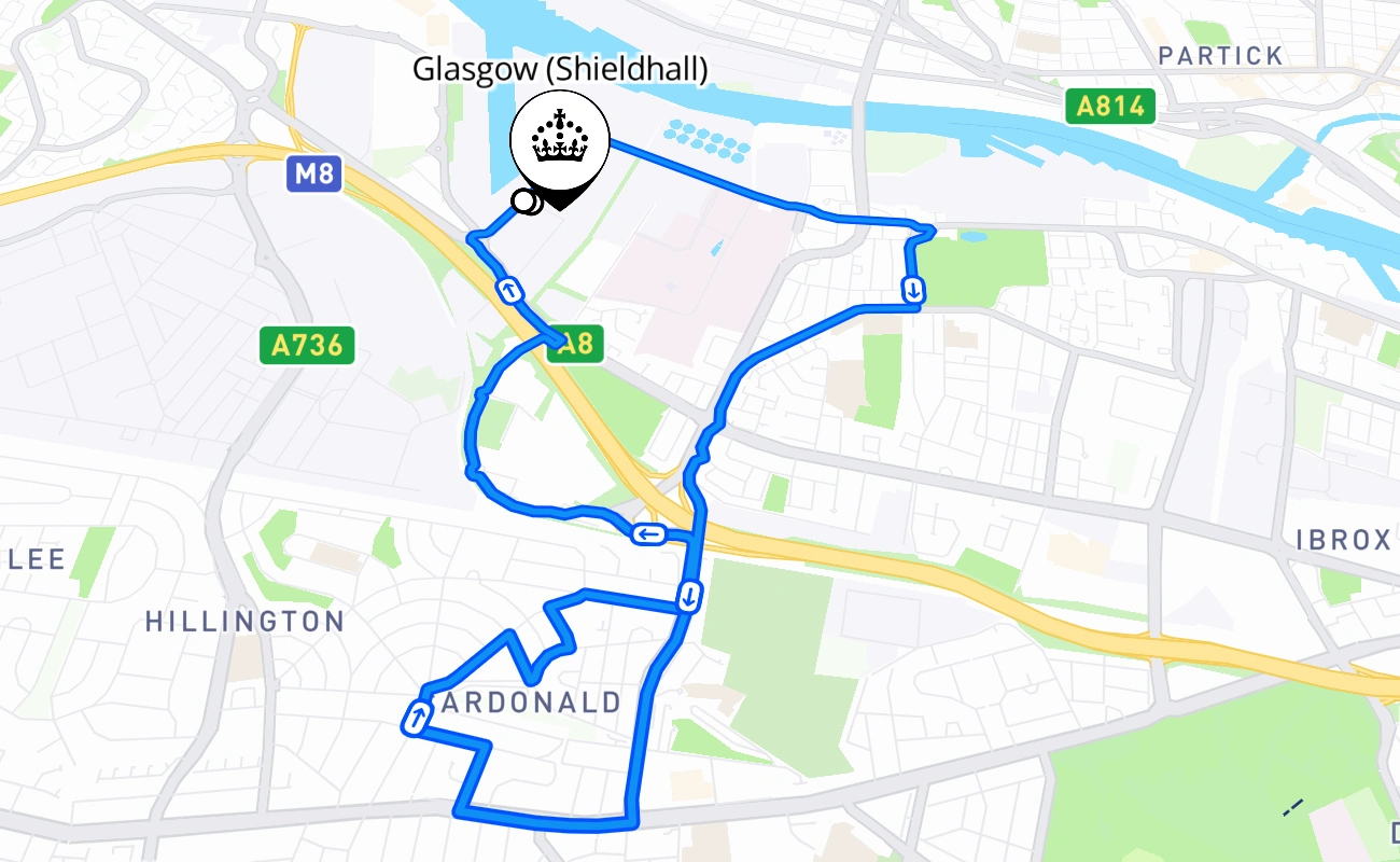 Glasgow (Shieldhall) 驾考路线 #608 地图 - SCT 英国