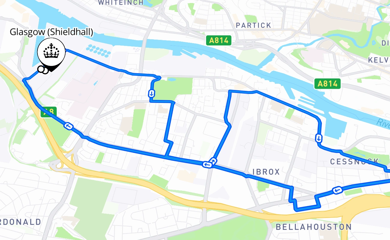 Glasgow (Shieldhall) 驾考路线 #609 地图 - SCT 英国