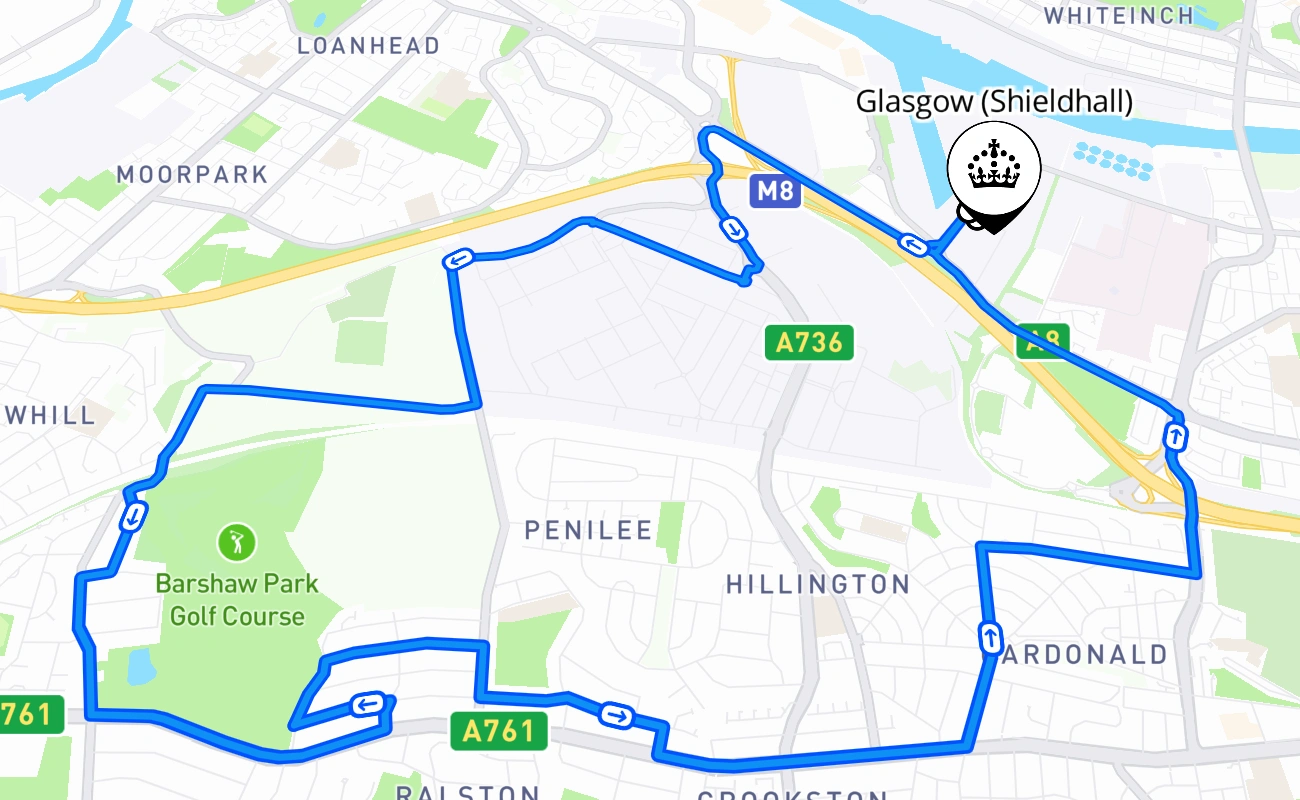 Glasgow (Shieldhall) driving test route #597 map - SCT United Kingdom