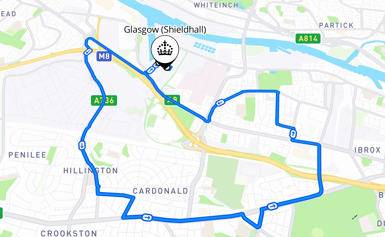 Glasgow (Shieldhall) driving test route #602 map - SCT United Kingdom