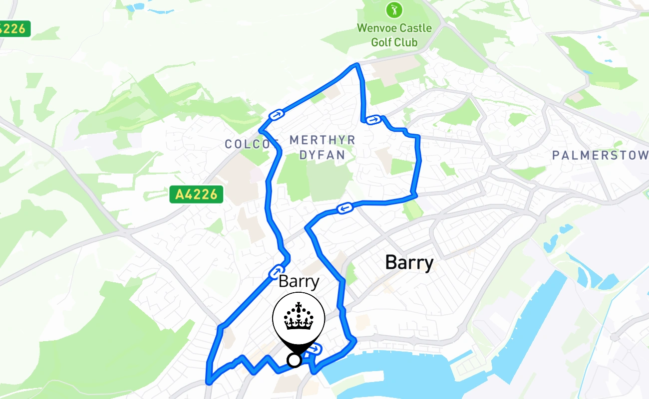 Barry driving test route #1850 map - WLS United Kingdom