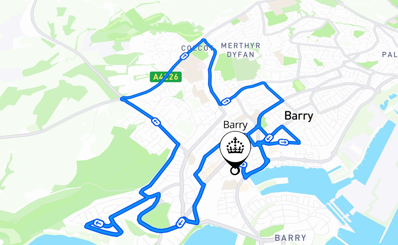 Barry driving test route #1851 map - WLS United Kingdom