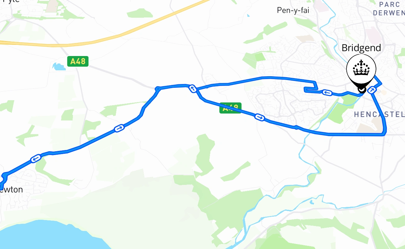 Bridgend driving test route #1558 map - WLS United Kingdom