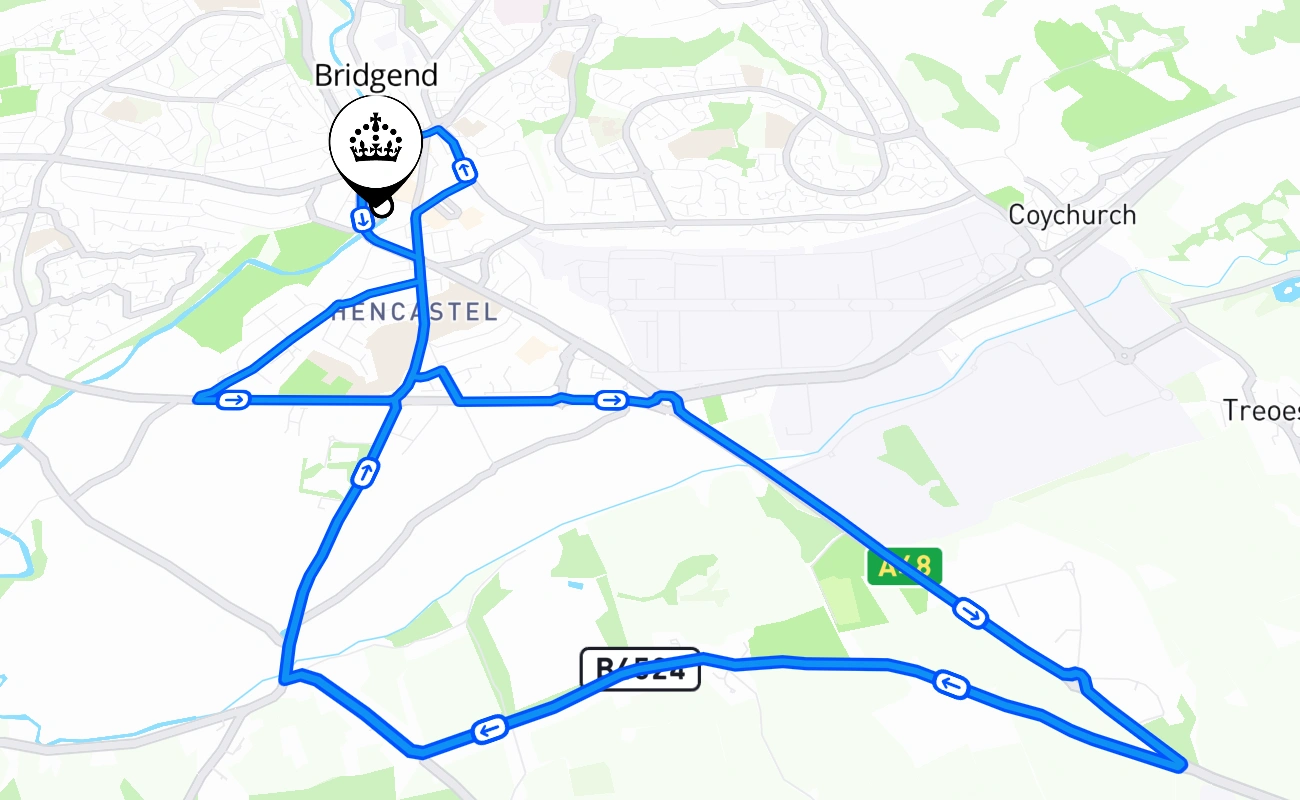 Bridgend driving test route #1560 map - WLS United Kingdom