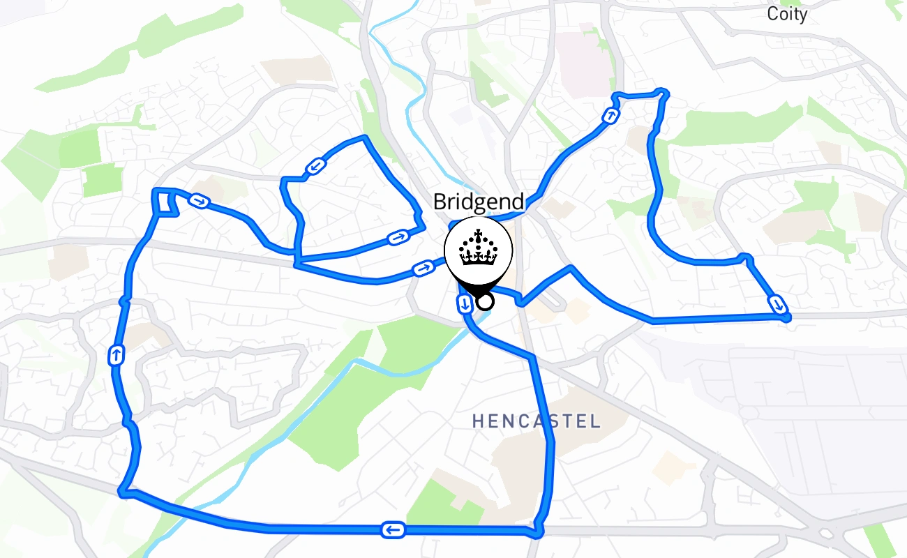 Bridgend driving test route #1561 map - WLS United Kingdom