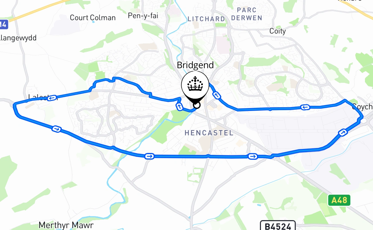 Bridgend driving test route #1562 map - WLS United Kingdom