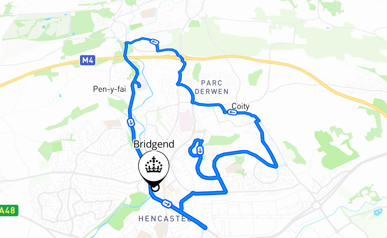 Bridgend driving test route #1563 map - WLS United Kingdom