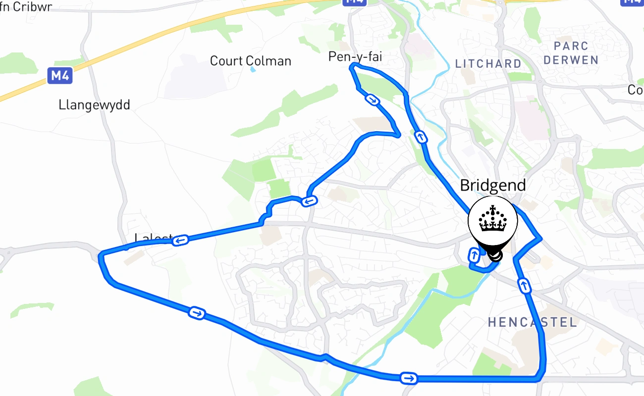 Bridgend driving test route #1564 map - WLS United Kingdom