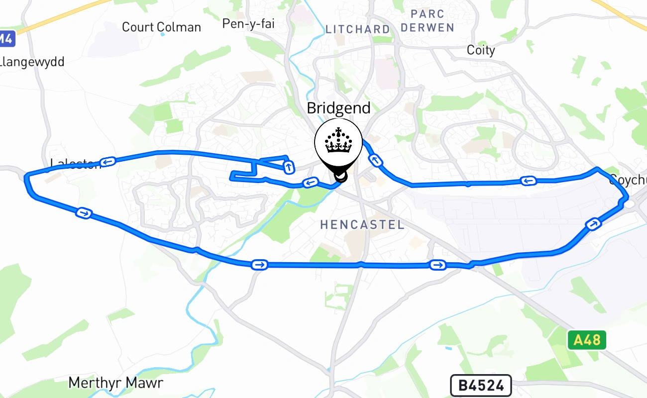 Bridgend driving test route #1566 map - WLS United Kingdom