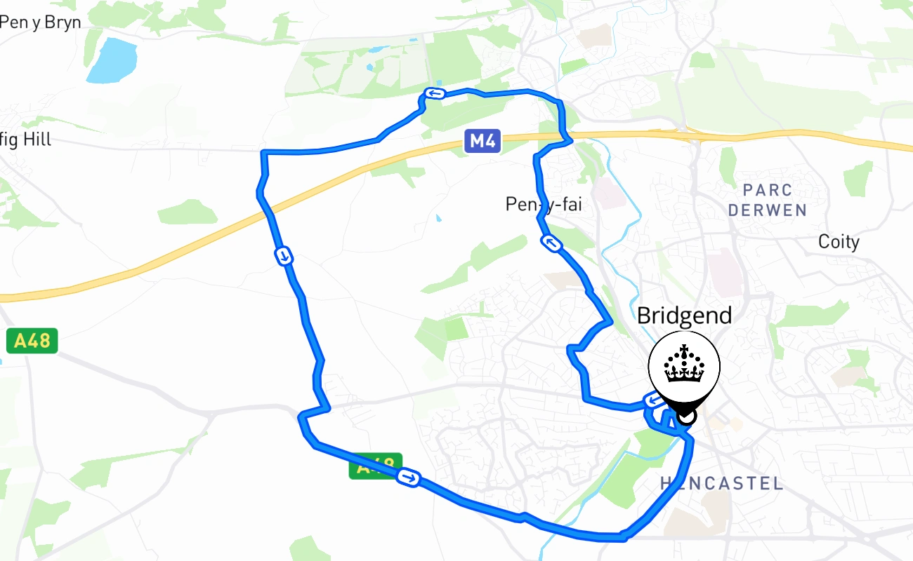 Bridgend driving test route #1567 map - WLS United Kingdom