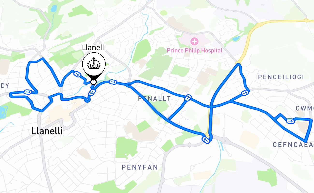 Llanelli driving test route #1846 map - WLS United Kingdom