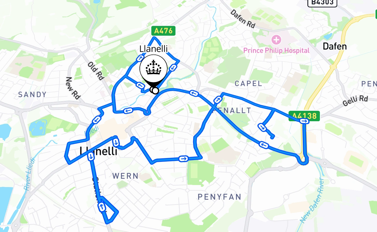 Llanelli driving test route #1848 map - WLS United Kingdom