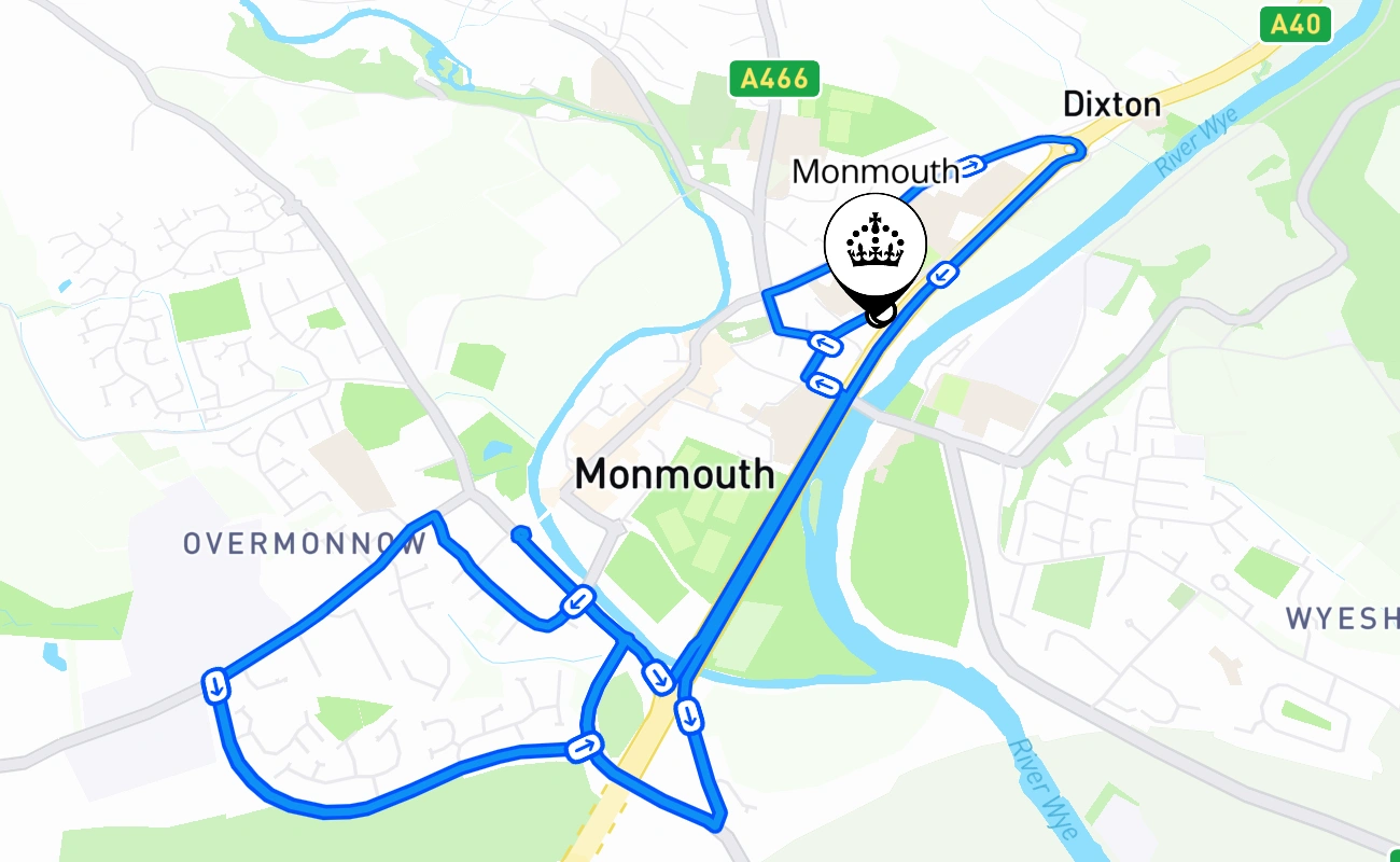 Monmouth driving test route #1266 map - WLS United Kingdom