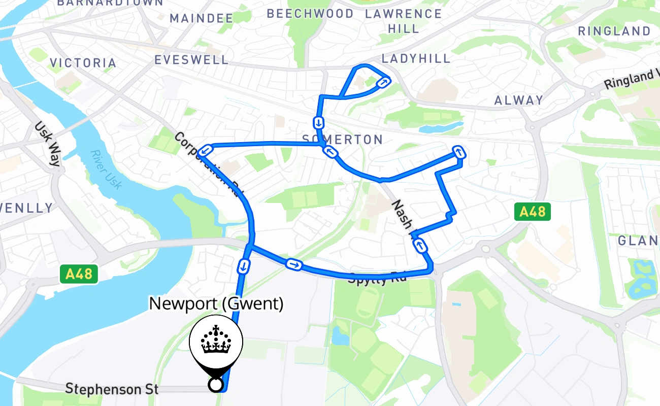 Newport (Gwent) driving test route #1855 map - WLS United Kingdom