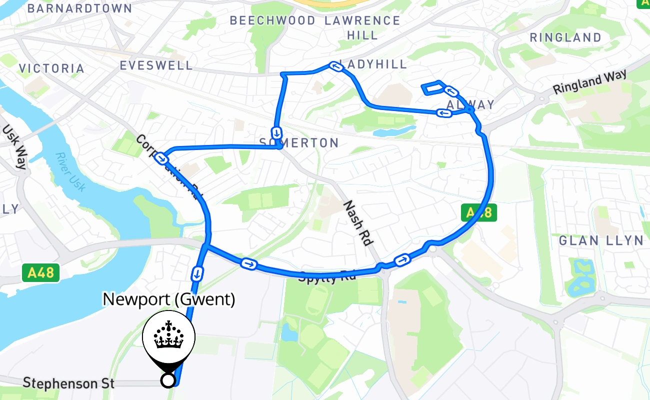 Newport (Gwent) driving test route #1857 map - WLS United Kingdom