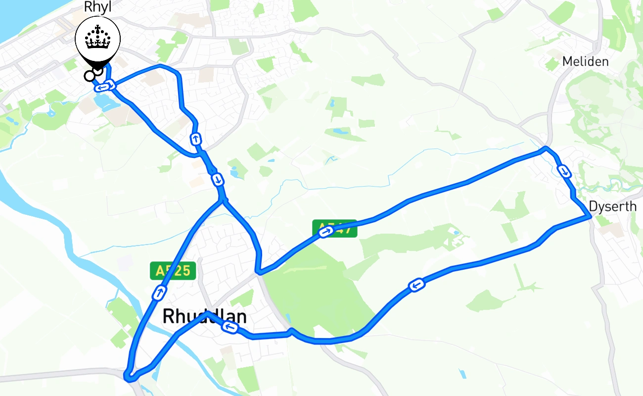 Rhyl driving test route #1670 map - WLS United Kingdom