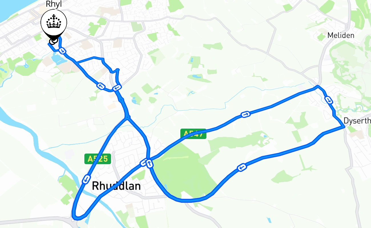 Rhyl driving test route #1671 map - WLS United Kingdom