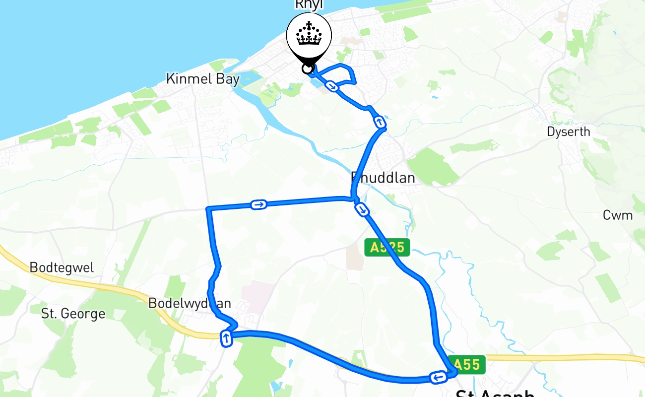 Rhyl driving test route #1673 map - WLS United Kingdom