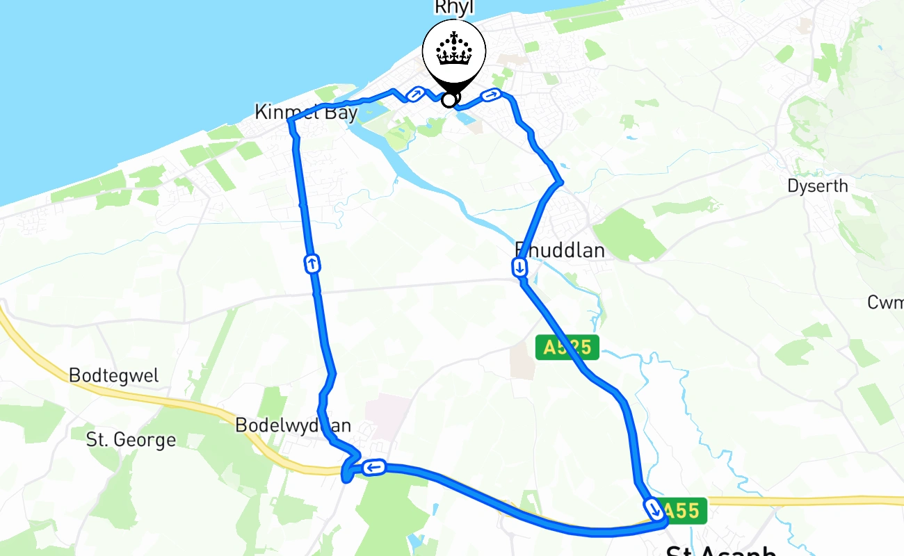 Rhyl driving test route #1674 map - WLS United Kingdom