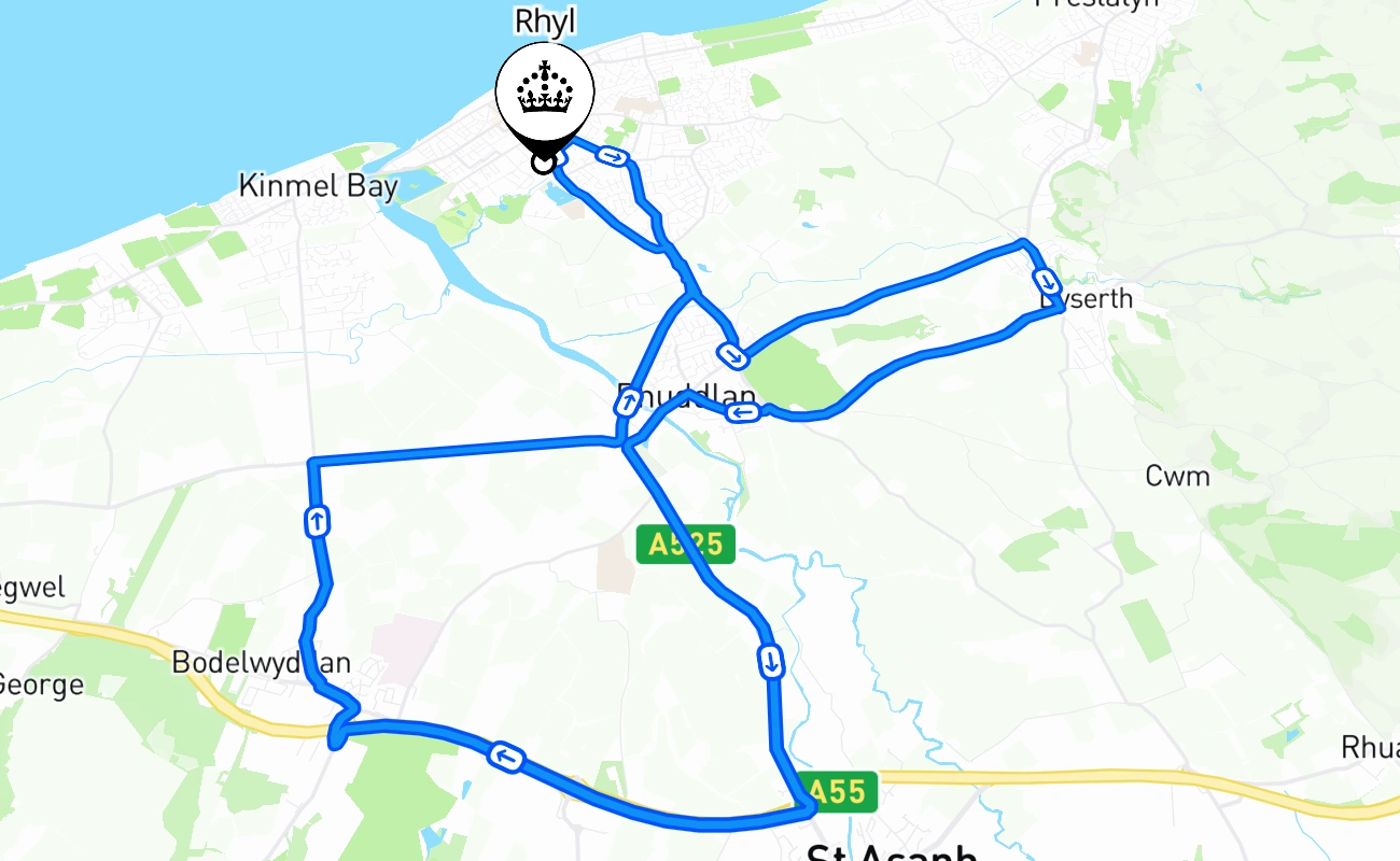 Rhyl driving test route #1675 map - WLS United Kingdom