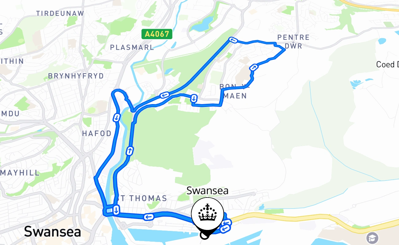 Swansea driving test route #1858 map - WLS United Kingdom
