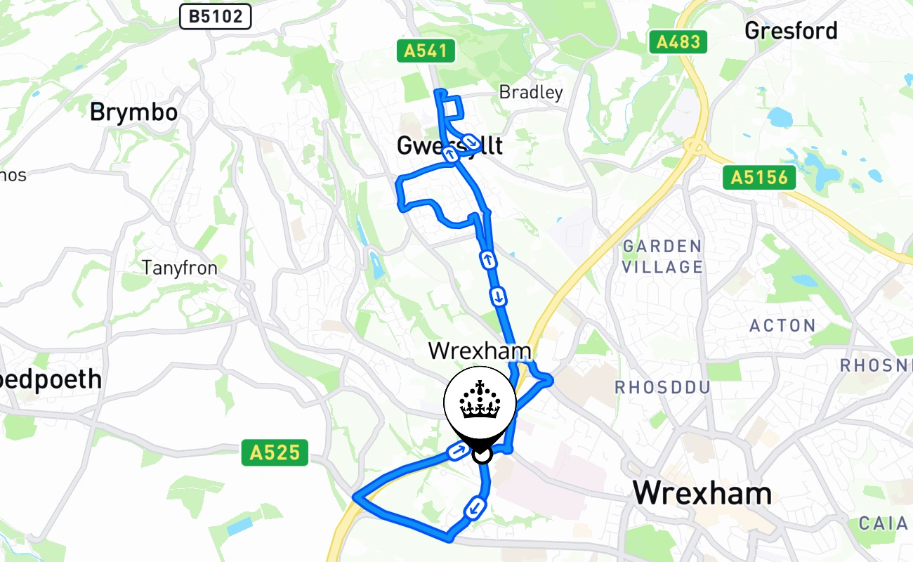 Wrexham driving test route #1859 map - WLS United Kingdom