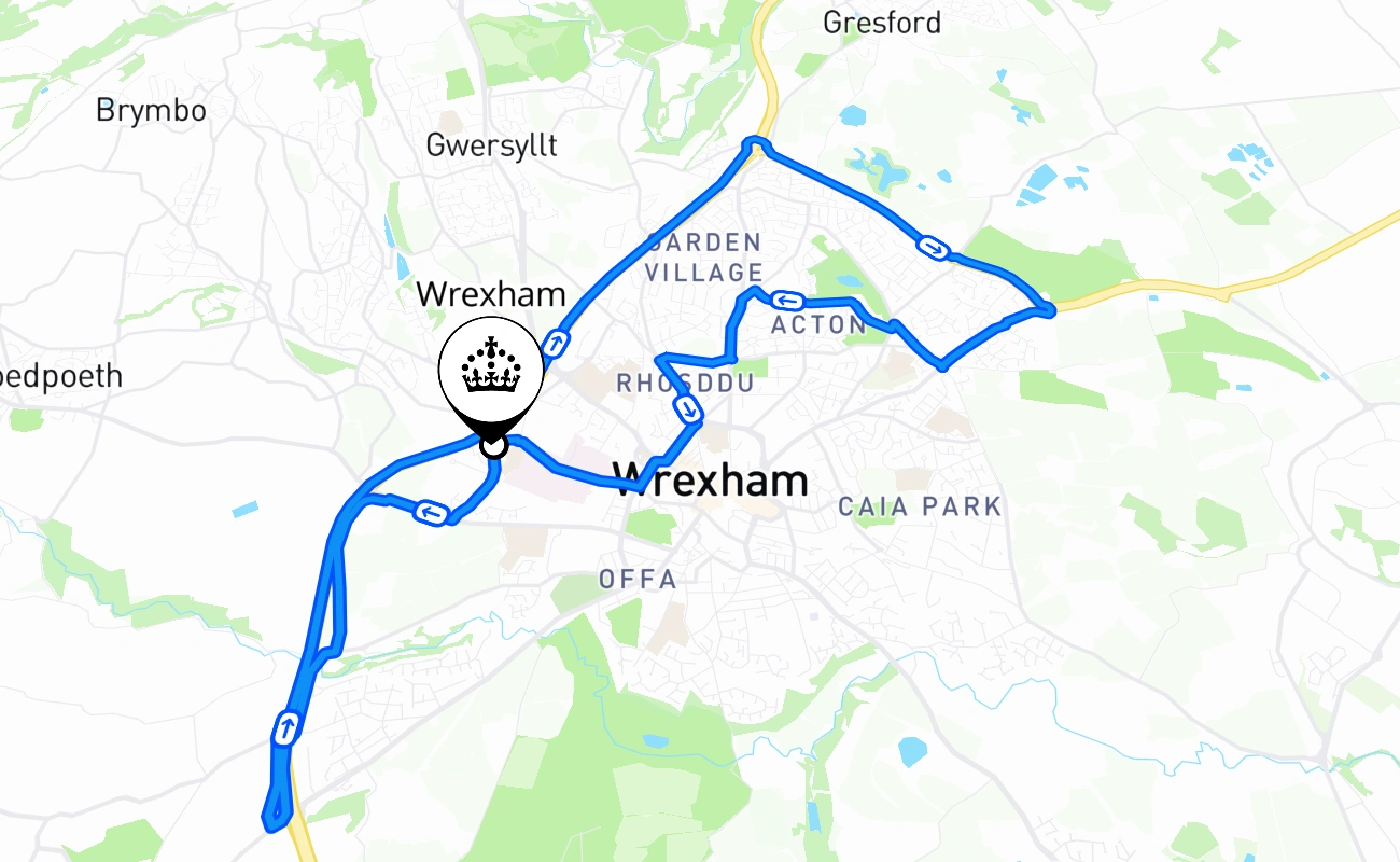 Wrexham driving test route #1860 map - WLS United Kingdom