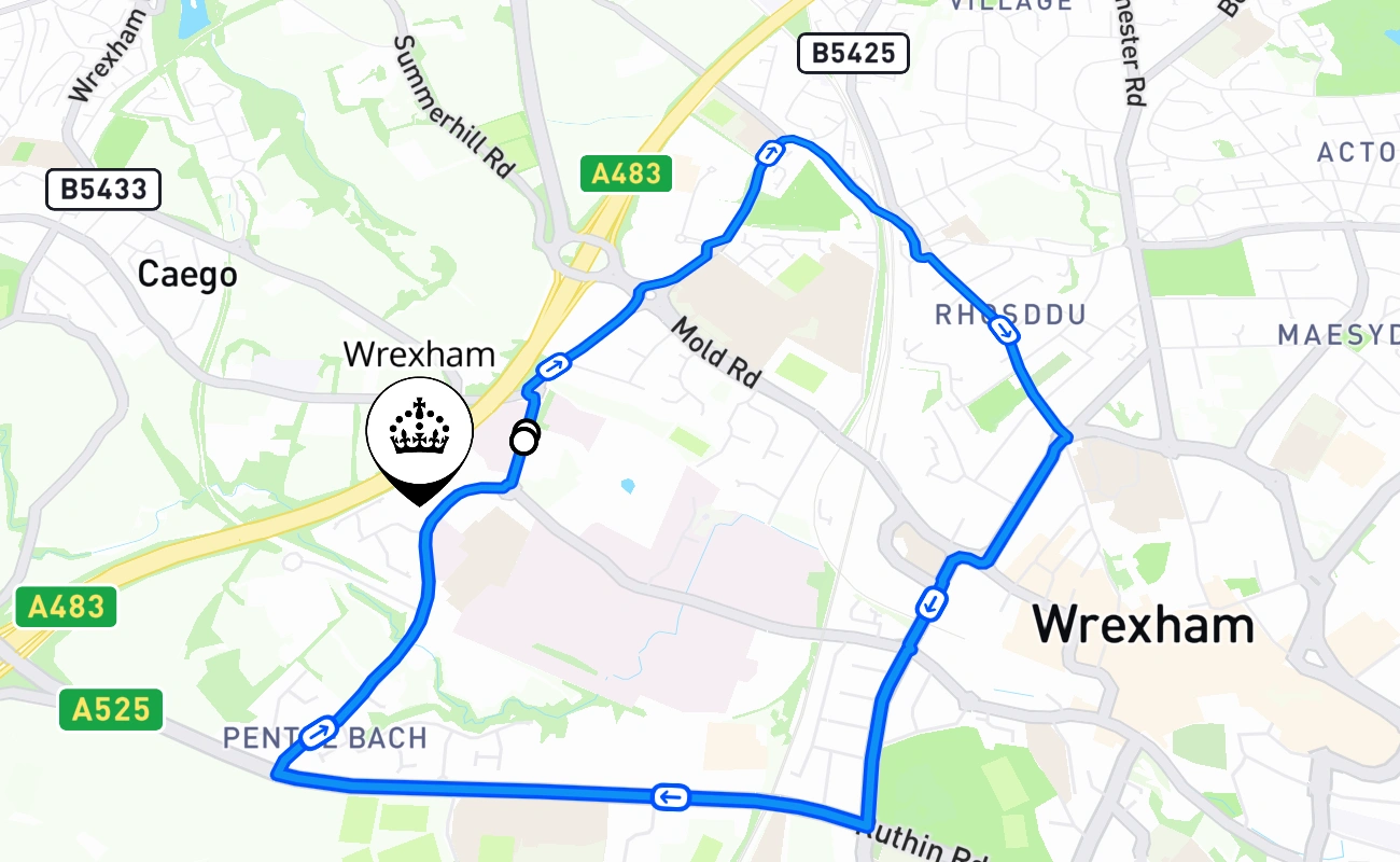 Wrexham driving test route #1861 map - WLS United Kingdom