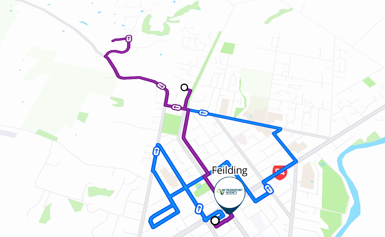 Feilding driving test route #845 map - MWT New Zealand