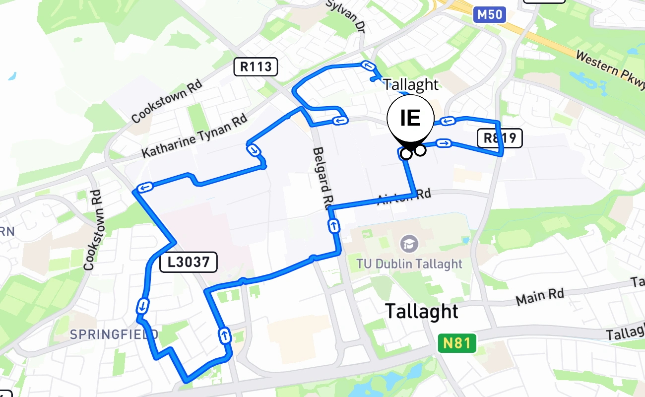 Tallaght driving test route #2800 map - Leinster Ireland