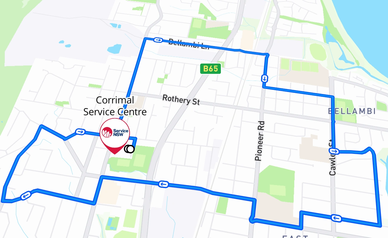 Corrimal Service Centre driving test route #634 map - NSW Australia