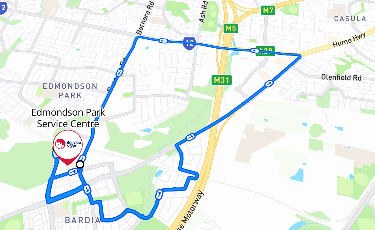 Edmondson Park Service Centre driving test route #824 map - NSW Australia