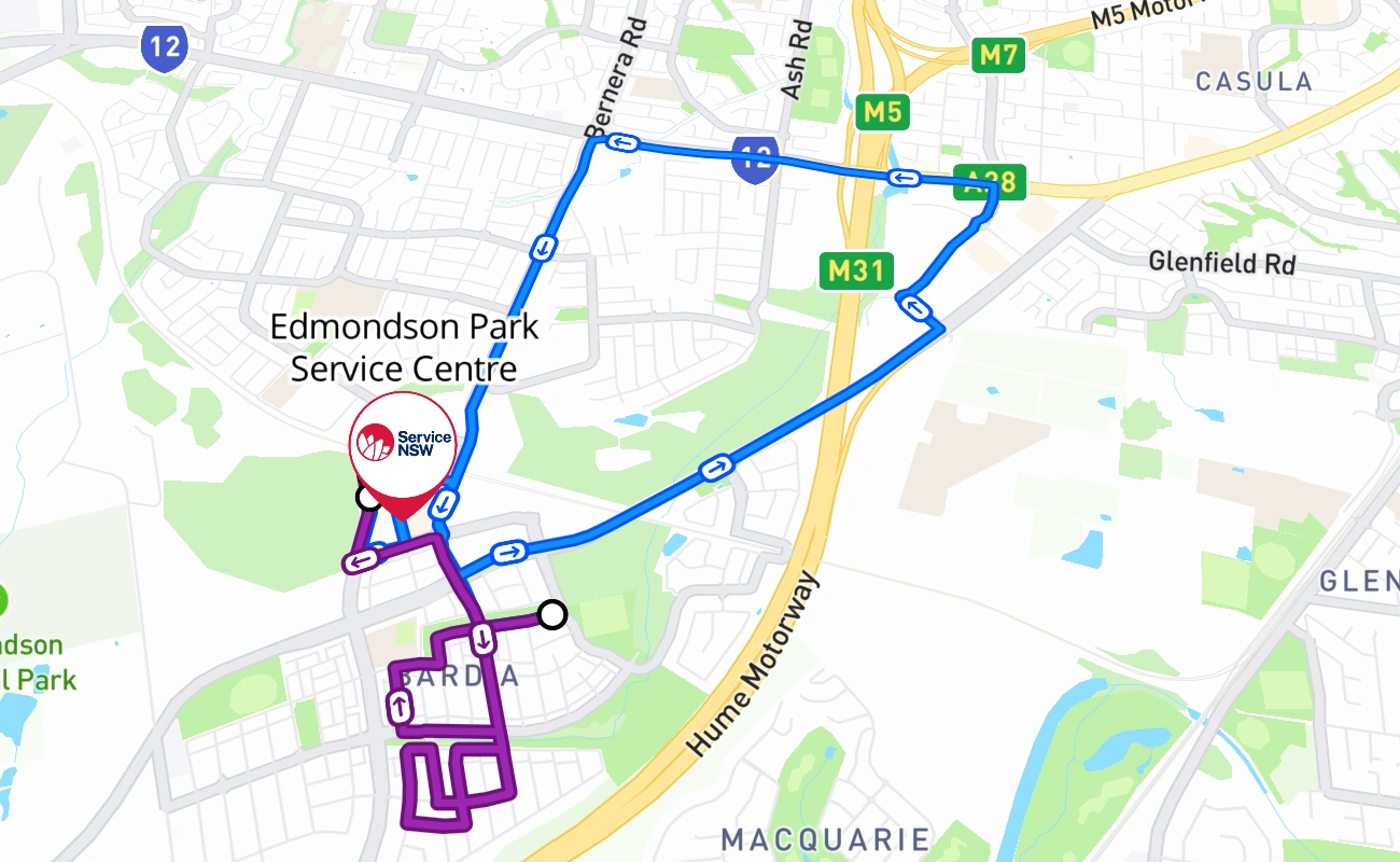 Edmondson Park Service Centre driving test route #826 map - NSW Australia