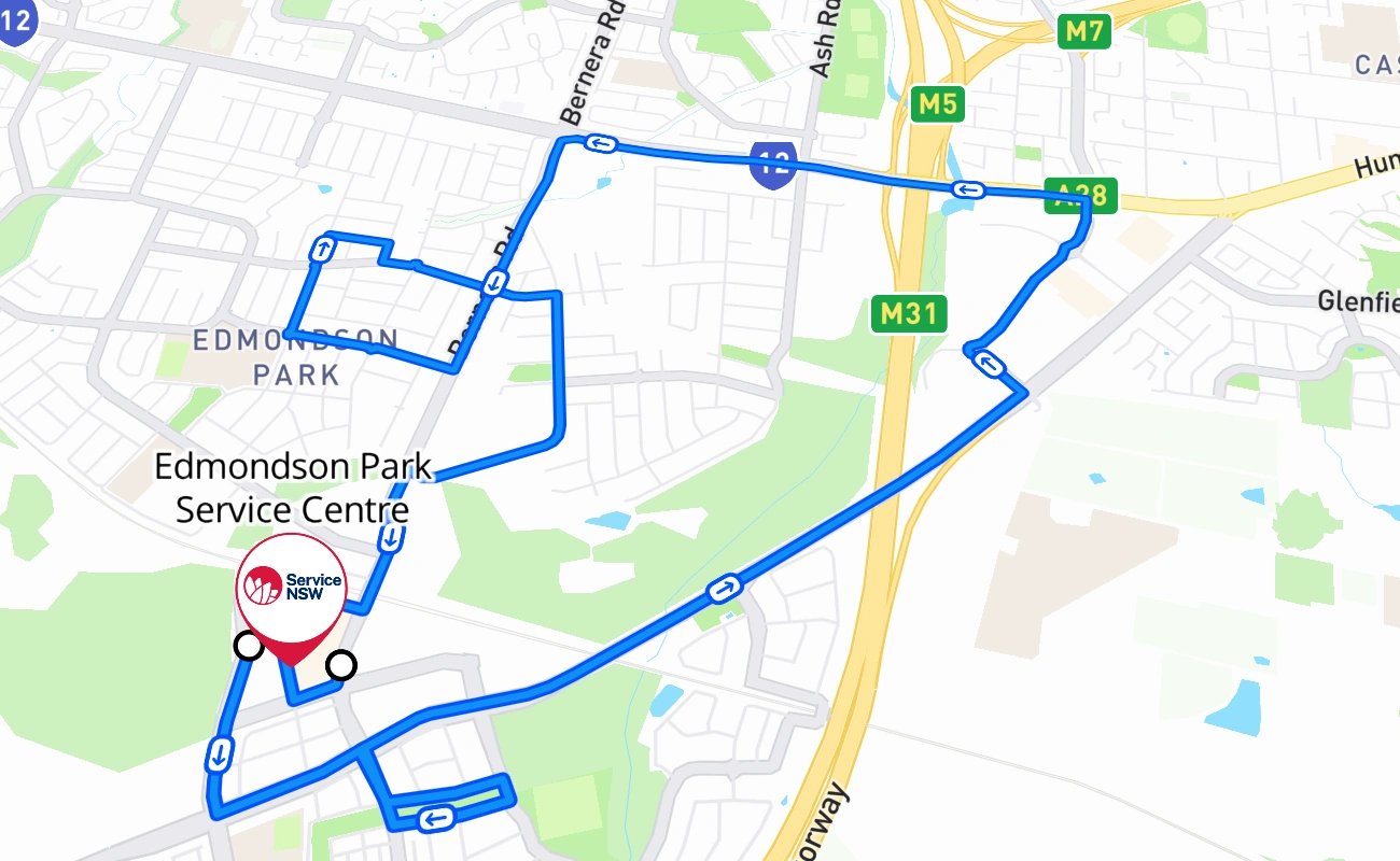 Edmondson Park Service Centre driving test route #827 map - NSW Australia